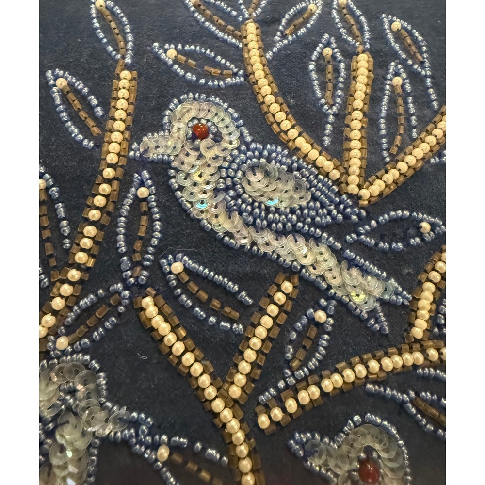 Home Decor 14x14 Square Throw Pillow Blue Velvet Beaded Bird Tree Boho